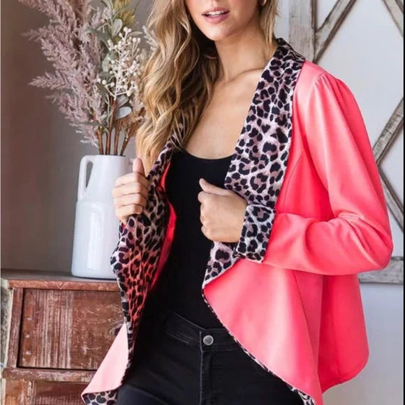 1X-3X Elle Pink Leopard Print Open Shawl Blazer-Host Pick - Picture 4 of 12